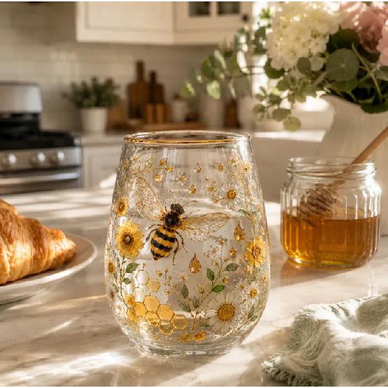 400ml Bee Garden Glass Cup with Gift Card Golden Bee Floral Printed Water Cup Stemless Wine Glass for Home Office Party Gift