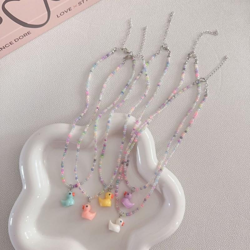Unique Rainbow Bead Neckchains Adjustable Duck Pendant Choker Ornaments