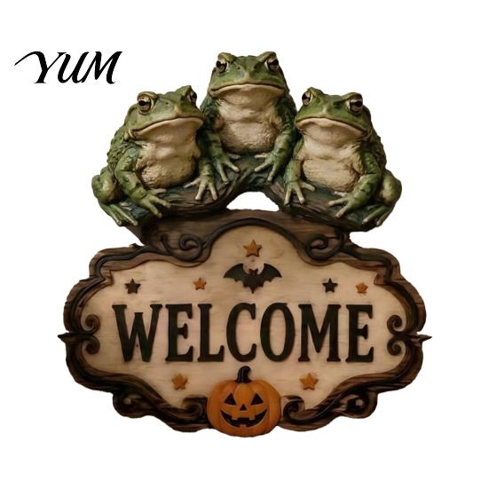 Entrance Door Ornament Halloween Wooden Welcome Sign, Spooky Skull Frog Crow Witch Hanger, Festive Holiday 2D Wall Hanging Sign for Home Party