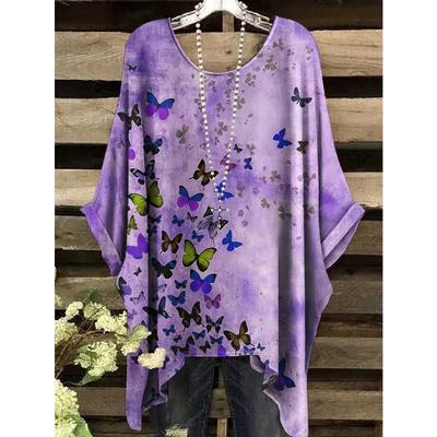Bohemian Stye Elegant Butterfly Floral Print Plus Size Women's T-Shirt Short Sleevecasual O- Neck Irregular Hemline Regular Tops