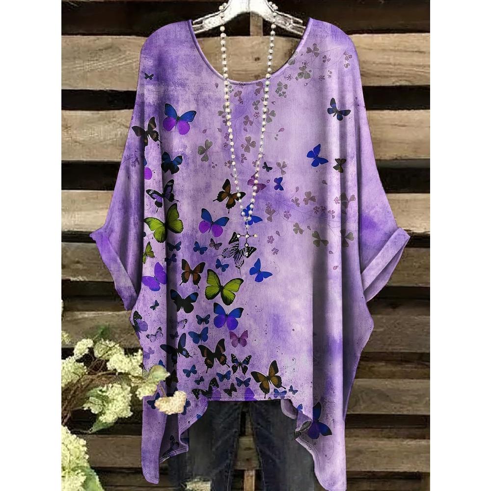 Stor T-shirt för kvinnor med fjärilstryck Sommar Bekväm Lös Rundhals Kortärmad Topp Y2k Mode Street Vintage Kläder