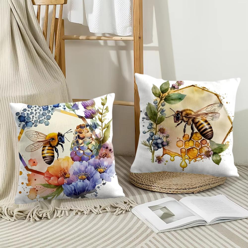 Bee And Flowers Cushion Cover Soft Plush Fabric Double-Sided Printed Sofa Cushion Cover For All Seasons Home Decor Gift