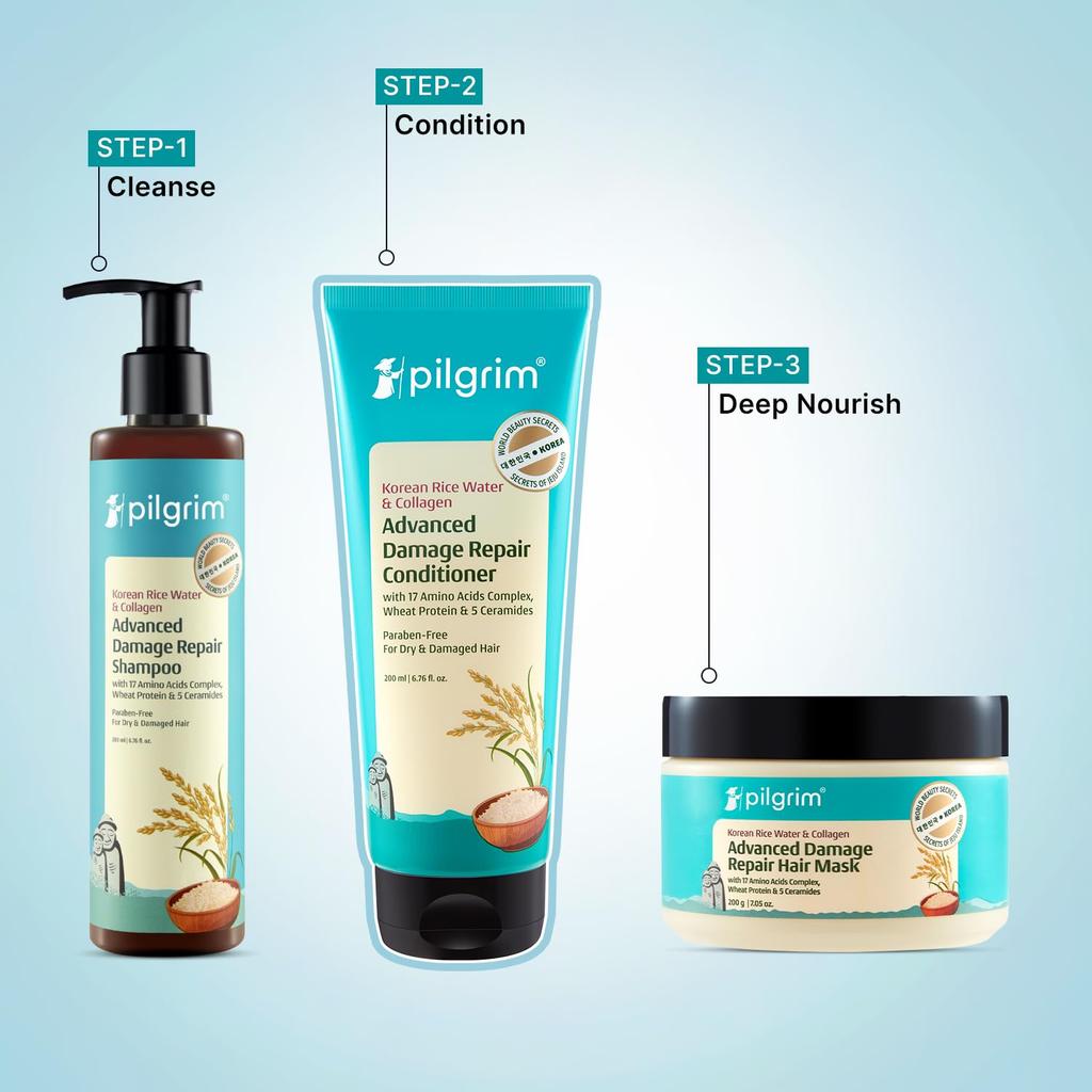 Pilgrim Korean Rice Water Collagen Damage Repair Conditioner 200ml X Pack of 2 Deep Nourishment & Shine