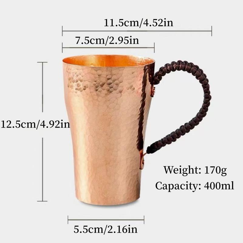 Handgefertigter reiner Kupfer-Kaffeebecher, 400 ml Frühstückstasse, tragbar, glatte Oberfläche, gewebter Griff, Heim-Bierbecher, Geschirr
