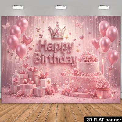 2D Pink Glitter Birthday Backdrop Crown & Balloons Photography Background