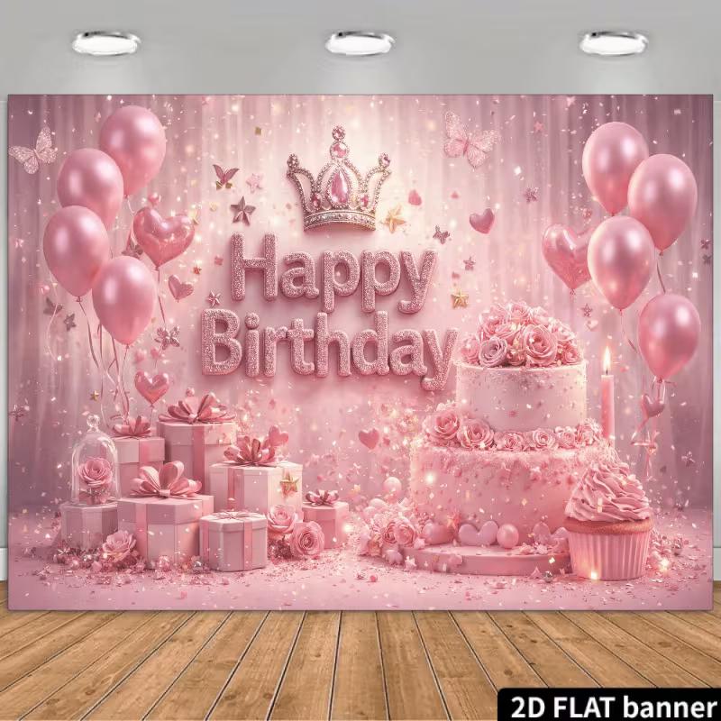 

2D Pink Glitter Birthday Backdrop Crown & Balloons Photography Background 47.2x31.5inch/120*80cm