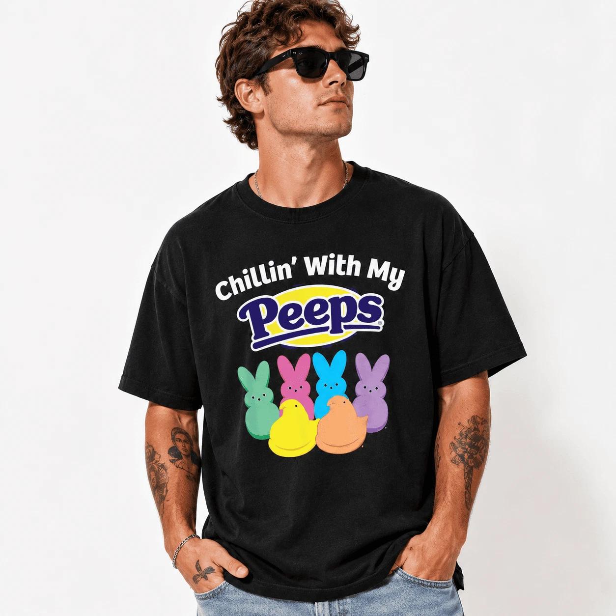 Chillin With My Peeps Funny Easter Bunny Graphic T-Shirt Spring Holiday Tee XXXL