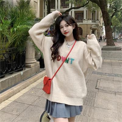 Herbst und Winter Damen Pullover Bunte Buchstaben Jacquard Lose Vielseitiger Strickpullover Pullover Retro Lazy Wind Tops