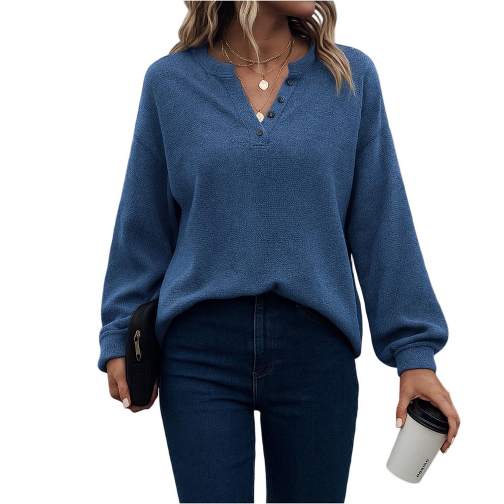 Women's Fashionable Solid Color Long Sleeved V-neck Button Casual Loose Pullover Top