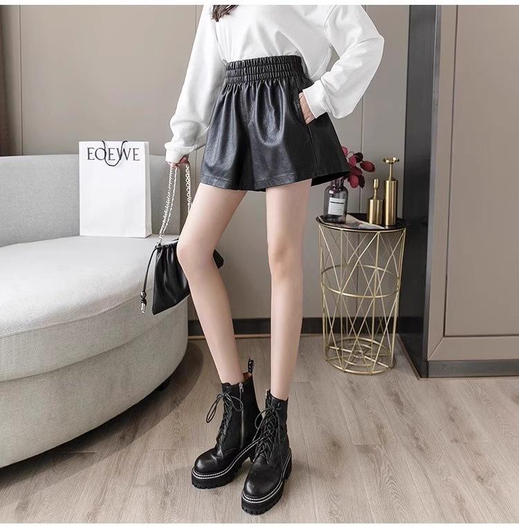 Women's 2023 Autumn/Winter PU Leather A-Line Shorts, High Waist, Loose Fit, Casual Slim Boot Style