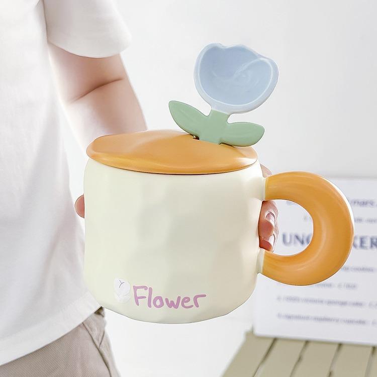 Tulip Mug with Lid Spoon with High Appearance and Cute Home Office Girl Ceramic Drinking Cup Souvenir