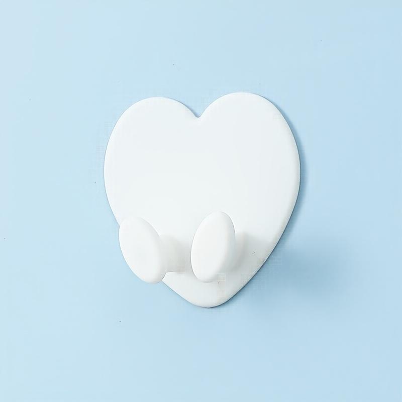 2pcs Heart-Shaped Adhesive Wall Hooks In White - Strong, Waterproof, Easy To Install - Ideal for Keys, Towels, Bathroom Supplies & Cable Management