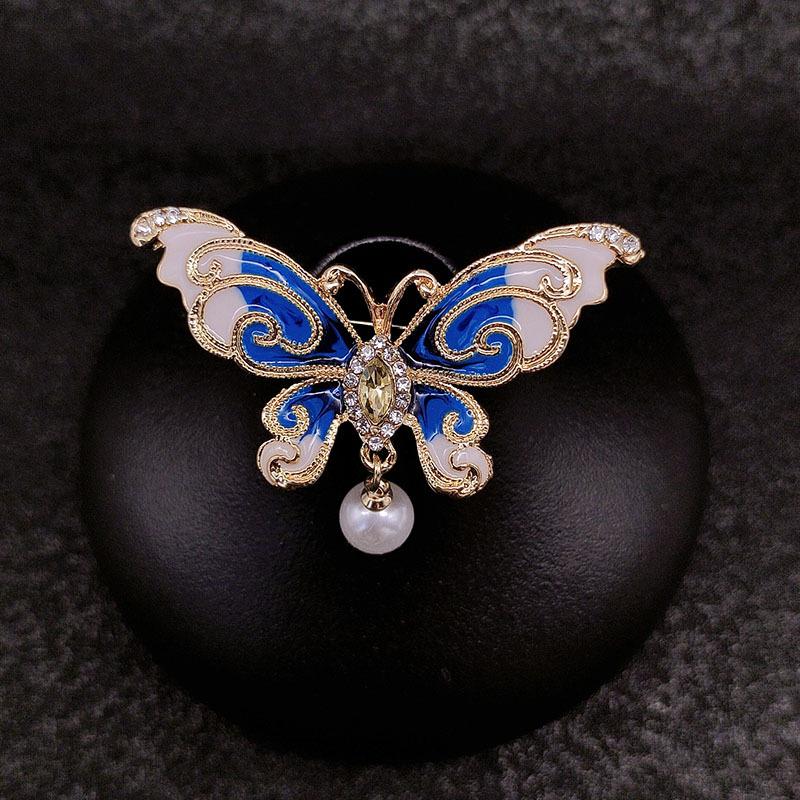 Брошь-бабочка с росписью, Высококлассный, Изысканный, Нишевый аксессуар, Эмалевая булавка с жемчугом
