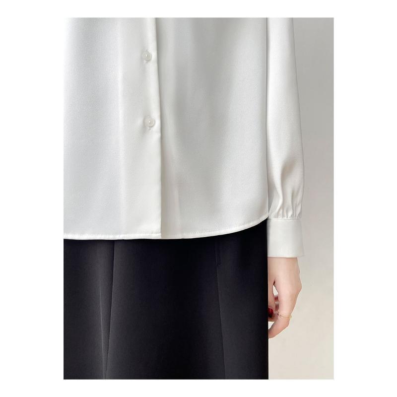Spring Women's French Style Bow Tie Blouse, Satin Office Shirt with Flowing Ribbon Detail, Sexy Elegant Commute Wear for Business Casual