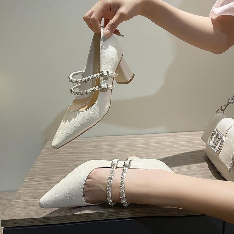 Premium design sense versatile temperament pointed high heels women's thick heel double buckle single shoes soft leather
