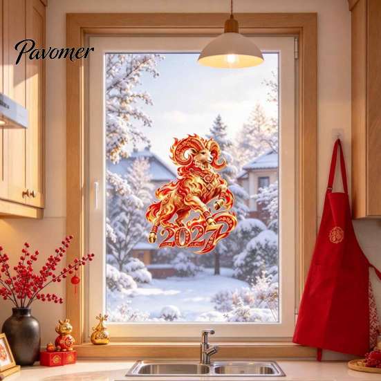Holiday Window Art 2027 Russian New Year Flame Goat Static Glass Sticker, PVC Zodiac Sheep Cling, Red and Gold Home Decorations Stickers for