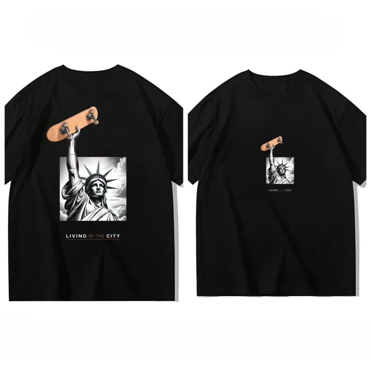 

2025 Summer and Autumn American Statue of Liberty skateboard print T-shirt loose outdoor short-sleeved men s and women s top 4XL