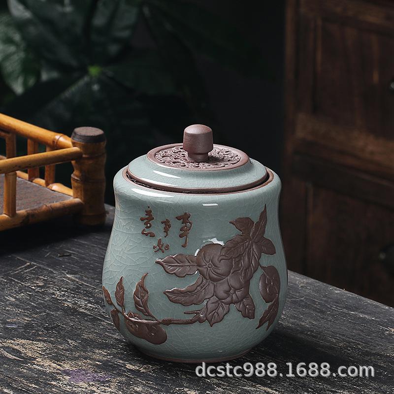 Ceramics Ge kiln Song porcelain tea jar, large sealed storage jar, vintage relief tea packaging jar, gift ice crack glaze