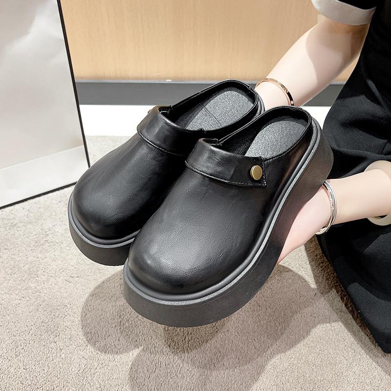 One Pedal Muffin Platform Loafers Women's 2025 Spring New Fashion Temperament Slippers British Style Small Leather Shoes Tide