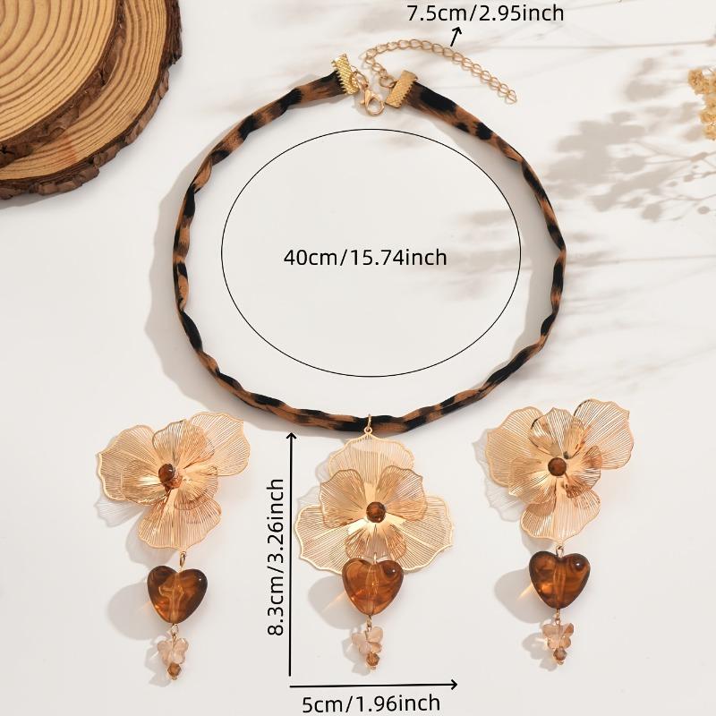 1SET/3PCS French Retro Style Handmade Flower Love Leopard Print Necklace Earrings Set