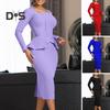 Women Business Dress Square Neck Long Sleeve Pure Color Ruffle Patchwork Slim Fit Sheath OL Commuting Formal Midi Dress
