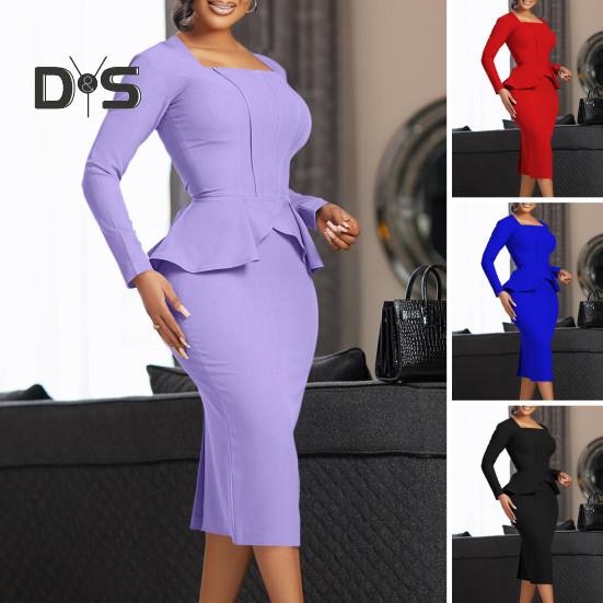 Женское деловое платье с квадратным вырезом и длинным рукавом — фото 4