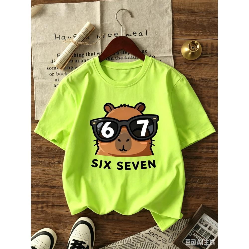 T-shirt Graphique Capybara Dessin Animé pour Enfants Impression Chiffre 6 7 Style Cool T-shirt d'Été Streetwear pour Filles Garçons