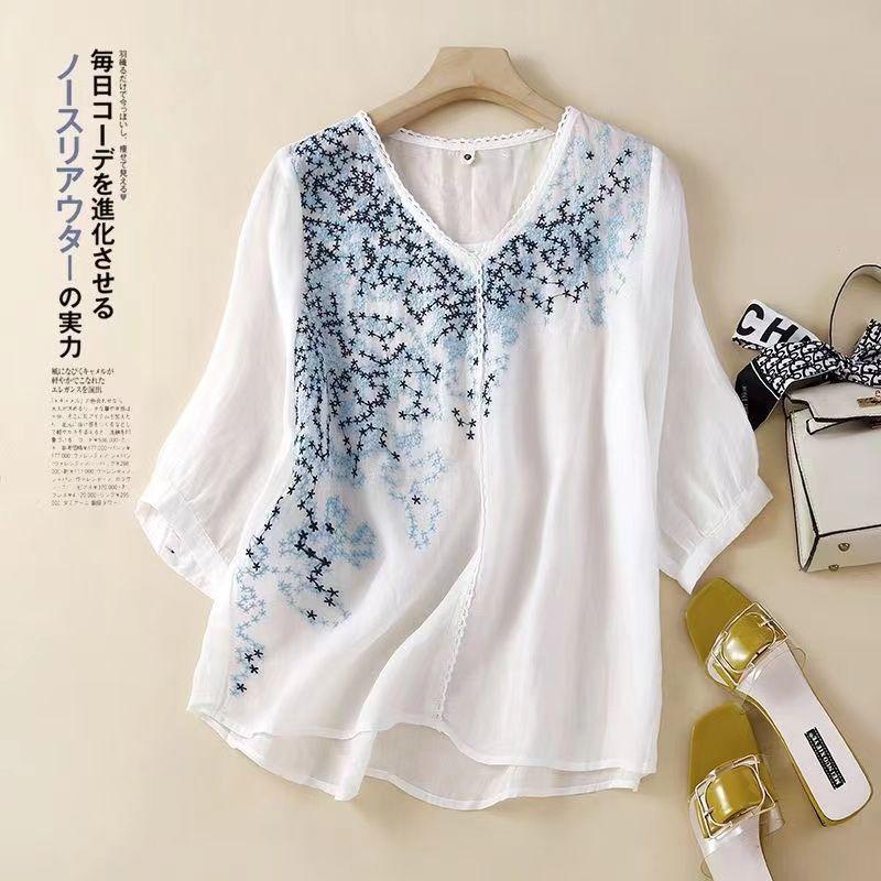 

Новый летний стиль Вышитое кружево Свободные Приталенные Хлопково-льняные Разноцветные Топы для Женщин Плюс Сайз Футболки с рукавом три четверти XXXL