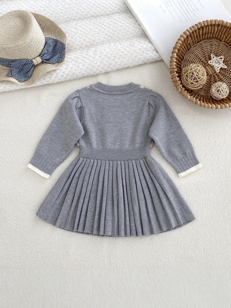 Girls' Knitted Princess Dress - Diamond Pattern, Round Neck, Pleated Long Sleeves, School Style for Spring & Autumn