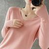Women's V Neck Long Sleeve Solid Knit Sweater Slim Basic Layering Pullover Jumper