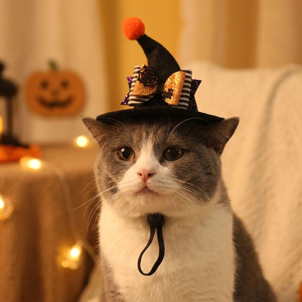Adjustable Strap Pet Halloween Witch Hat Curved Top Dog Halloween Party Hat  Holiday Decoration