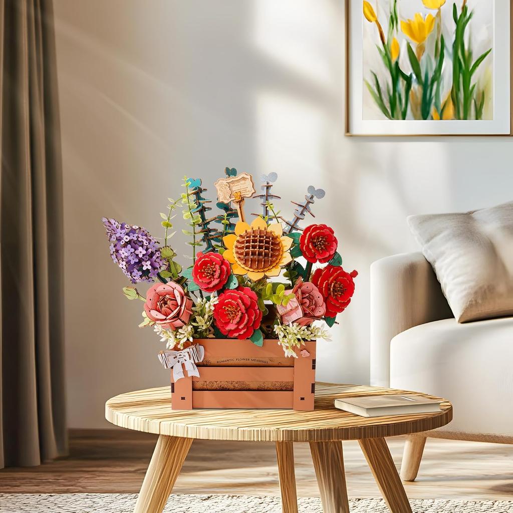 Robotime Flowers 3D Wooden Puzzle Artificial Bouquet Model Kits Wooden Puzzle Construction Kit Women Valentine's Day Birthday