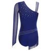 Ladies Glittery Rhinestone Bodysuit Asymmetric Shoulder Tassel Fringe Leotard Gymnastics Figure Skating Wear