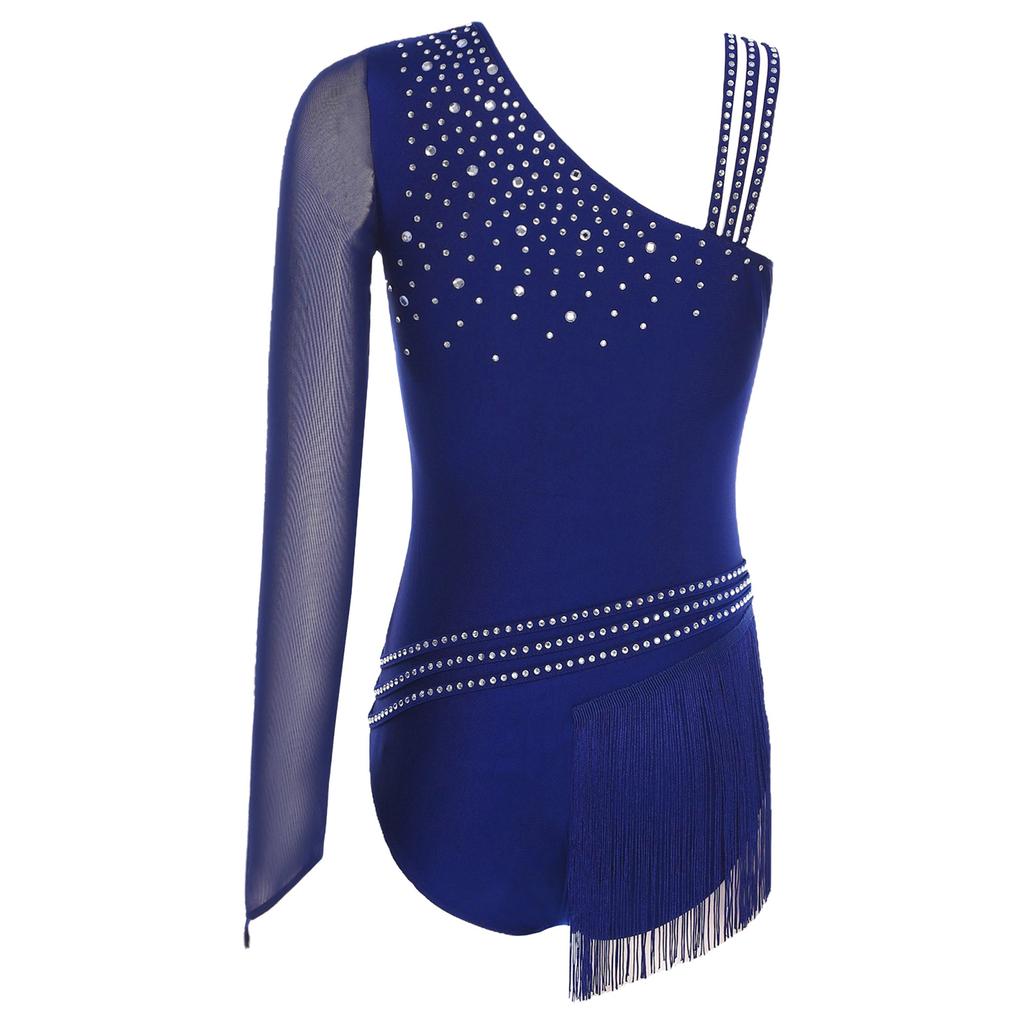 Ladies Glittery Rhinestone Bodysuit Asymmetric Shoulder Tassel Fringe Leotard Gymnastics Figure Skating Wear