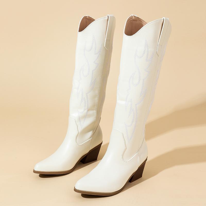 

Eilyken Fashion Long Western Booties New Design Embroidery Pointed Toe Knee-High Boots Women Square Heels Shoes 35 білий