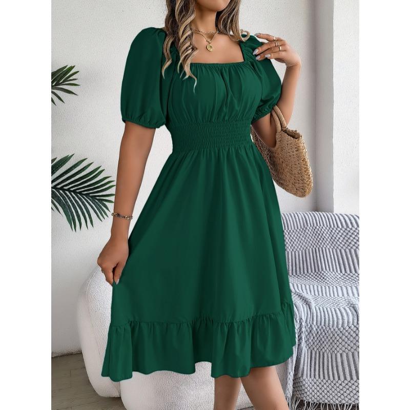 Summer Short Sleeve Square Collar Women Dress New Fashion Elegant Loose Casual Casual A-line Party Dresses Pleated Female Office Ruffled Clothing