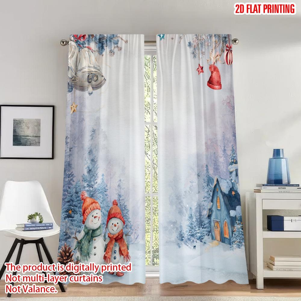 

Set Of 2 Flat Printing Merry Christmas Curtains Snowman Winter Forest House Digital Printed Polyester Drapes Family Curtain Made W100*H70(CM)-Rod Pocket&2PCS