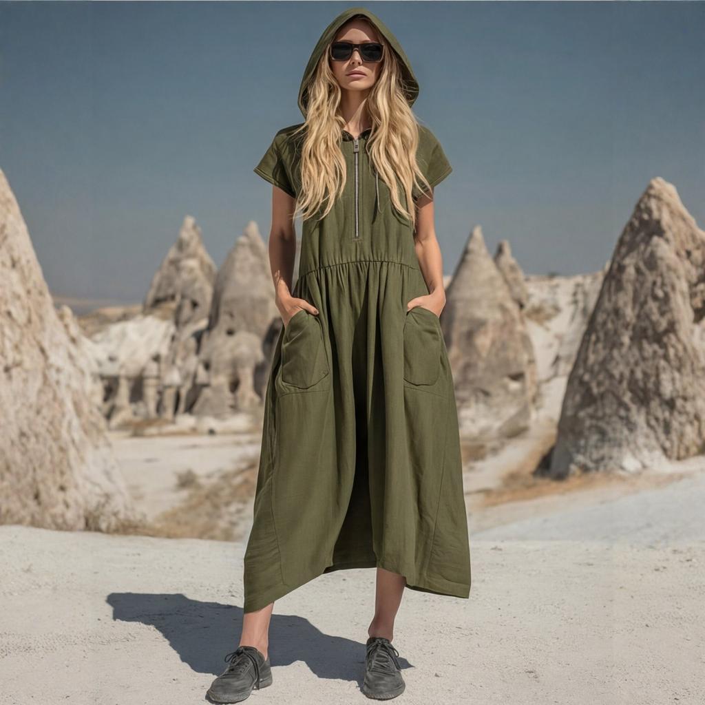 Damen Vintage Baumwoll-Leinen Kapuzen-Halbreißverschluss Mittellanges Kleid