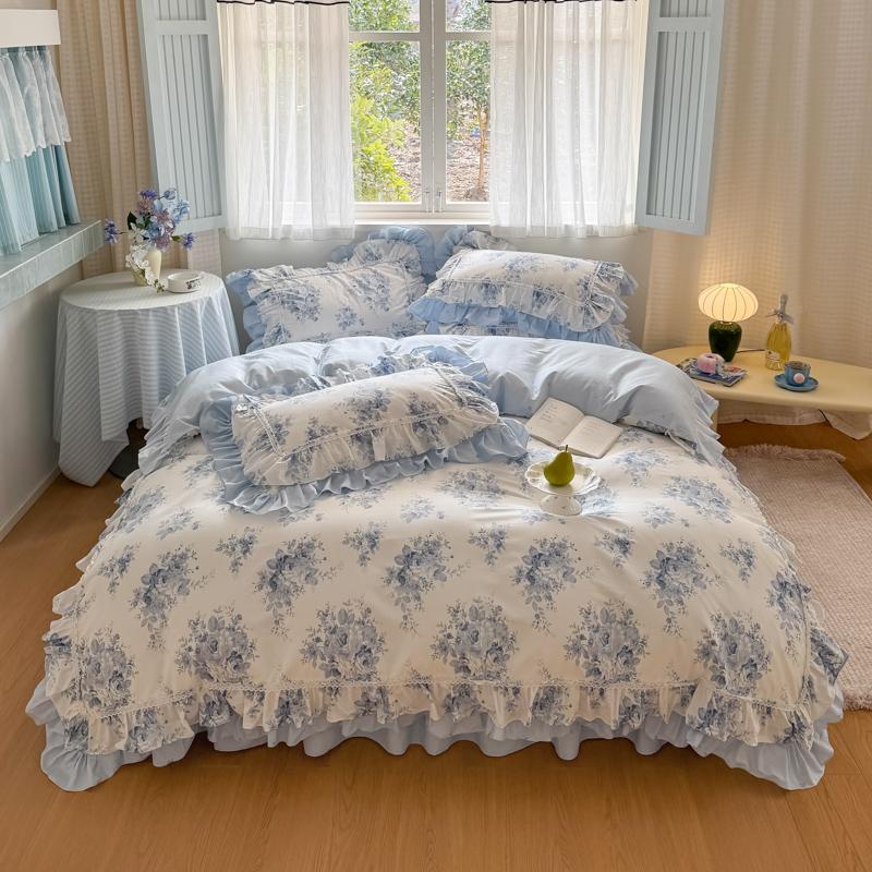 

Romantic Flowers Prints Bedding Set Korean Style 100% Cotton Lace Princess Wedding Duvet Cover Bed Skirt Bedspread Pillowcases 1.5X2m Bedskirt 4pcs