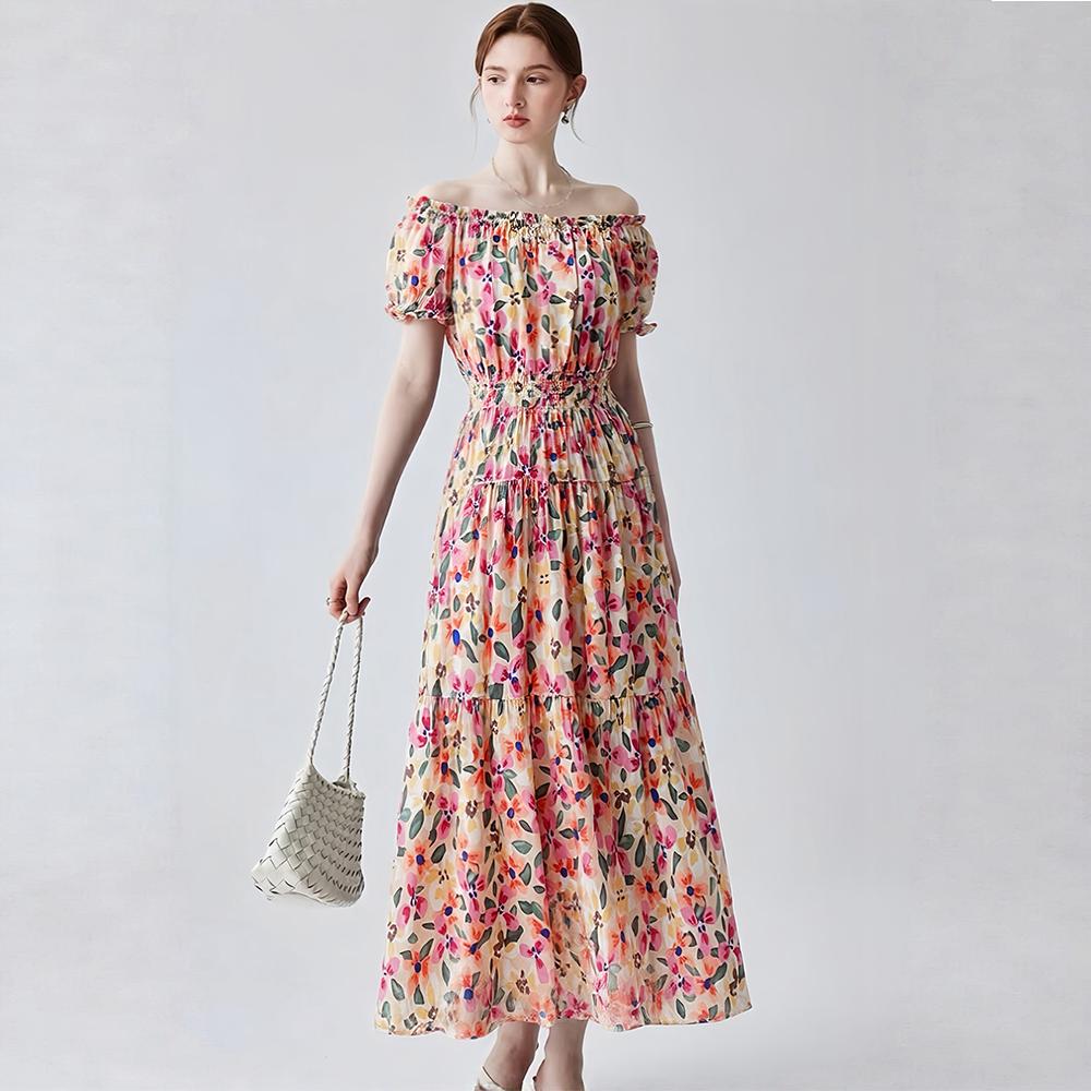 Bohemian Cotton-Silk Floral Printted Off-the-Shoulder French-Style Summer Dress for Women Ethnic-Style Elastic Waistband Pleayed Long Dress