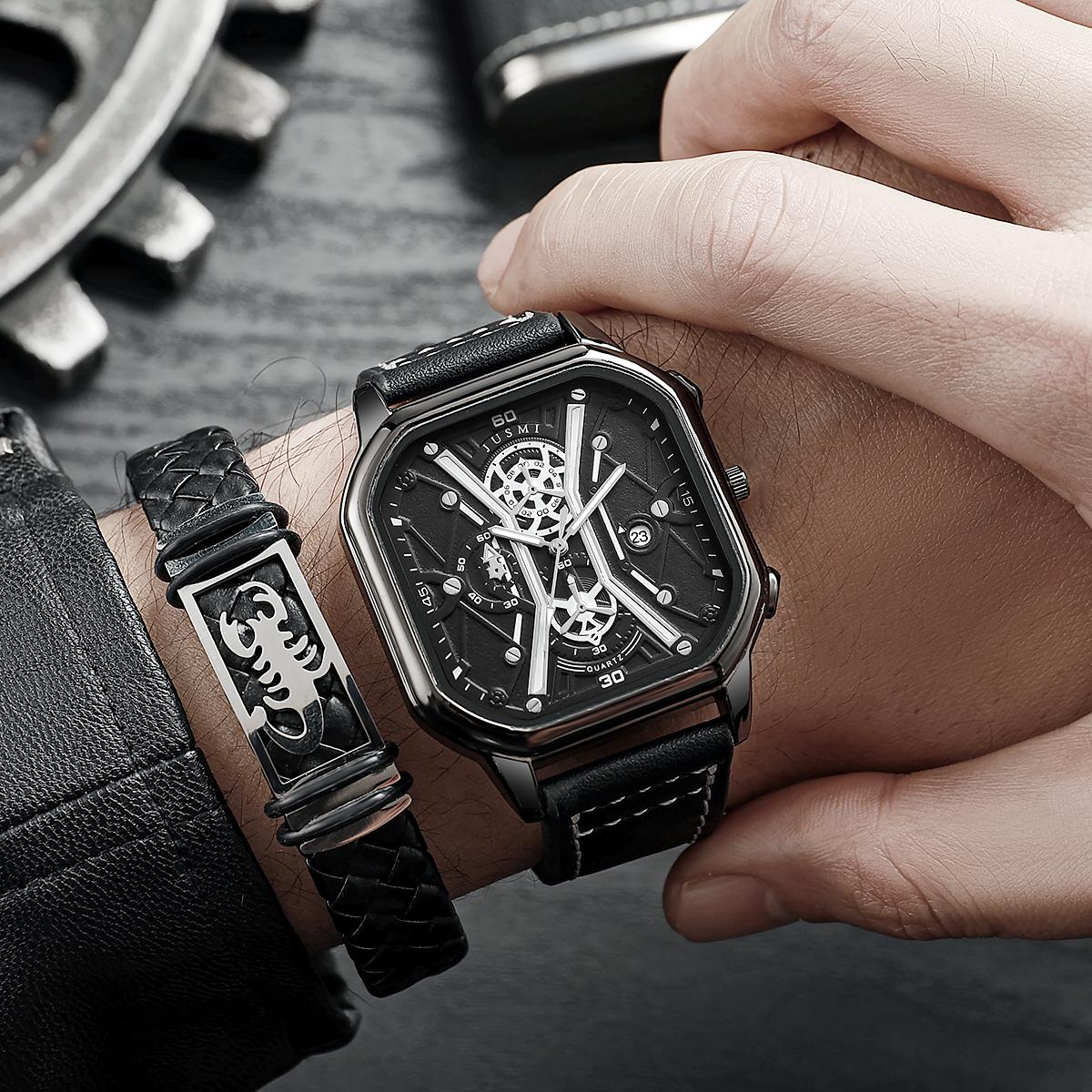 

No gift box Men s watches ins high-value square quartz watches trend large dial youth sports models leather bracelets 2-piece чорний
