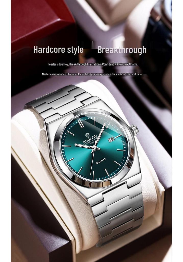 Binbang BINBOND Men's Fashion Stainless Steel Buckle Quartz Watch with Thin Double Calendar - Business Casual Style