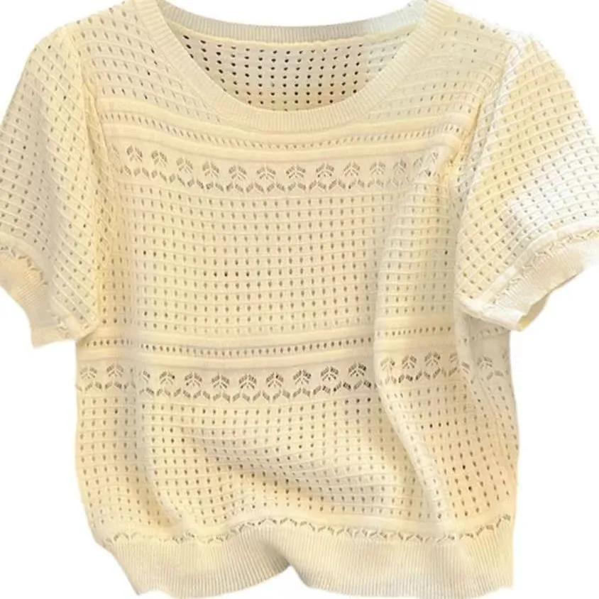 Women's Summer Ice Silk Knitted Shirt Short Sleeved Round Neck Hollow Thin Pullover Top
