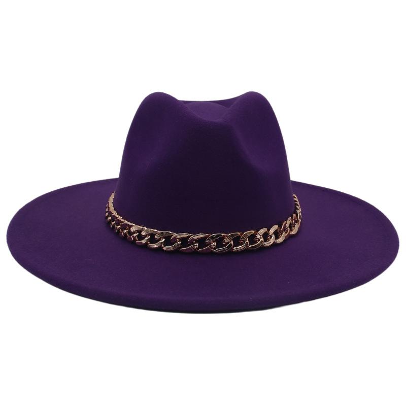 Big Brim Gold Acrylic Chain Felt Hat Solid Color Cashmere Jazz Hat French Top Hat