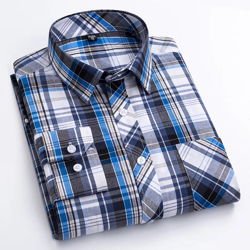 New Plaid Long Sleeve Dress Shirts For Man Cotton Classic Checked England Style Turn Down Collar M-8XL Men's Clothes Shirt Soft