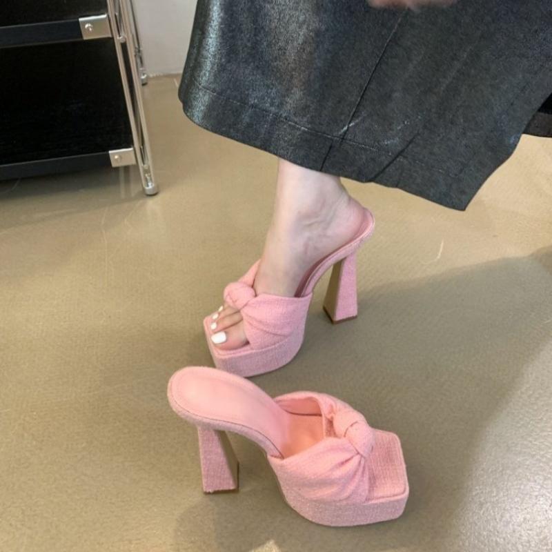 Eilyken Chunky Platform Woman Slippers Butterfly-knot Open Toe Wedding Banquet Sandals Extreme High Heels Slide Shoes