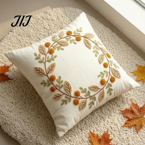 Autumn Wreath Cushion Cover Cover, Thanksgiving Throw Pillow Leaf Embroidery Pumpkin Harvest Home Decor Case for Sofa Couch Farmhouse Decor,