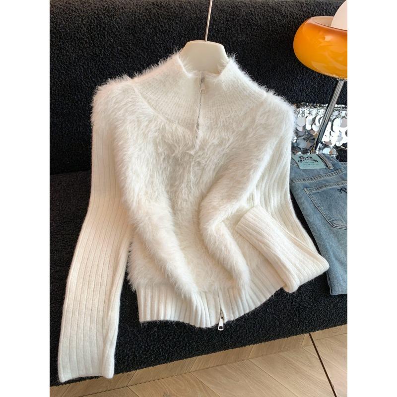 Норковая флисовая куртка с высоким воротником, свитер с длинными рукавами, женская осенне-зимняя короткая тонкая кофта на молнии с двух концов, вязаный кардиган one size fits all белый