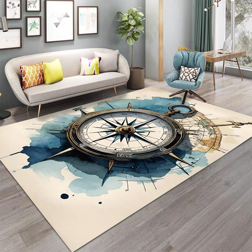 Nautical Compass Carpet Set of 4 Vintage Sailing Map Design Non Slip Floor Mats for Living Room Coastal Decor