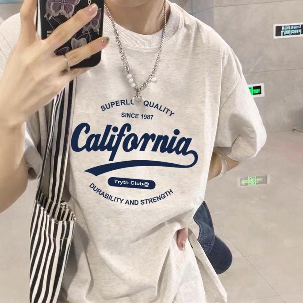 Plus Size Women's Retro Cotton T-Shirt: Heavyweight, Loose-Fit, Short Sleeve in White/Gray